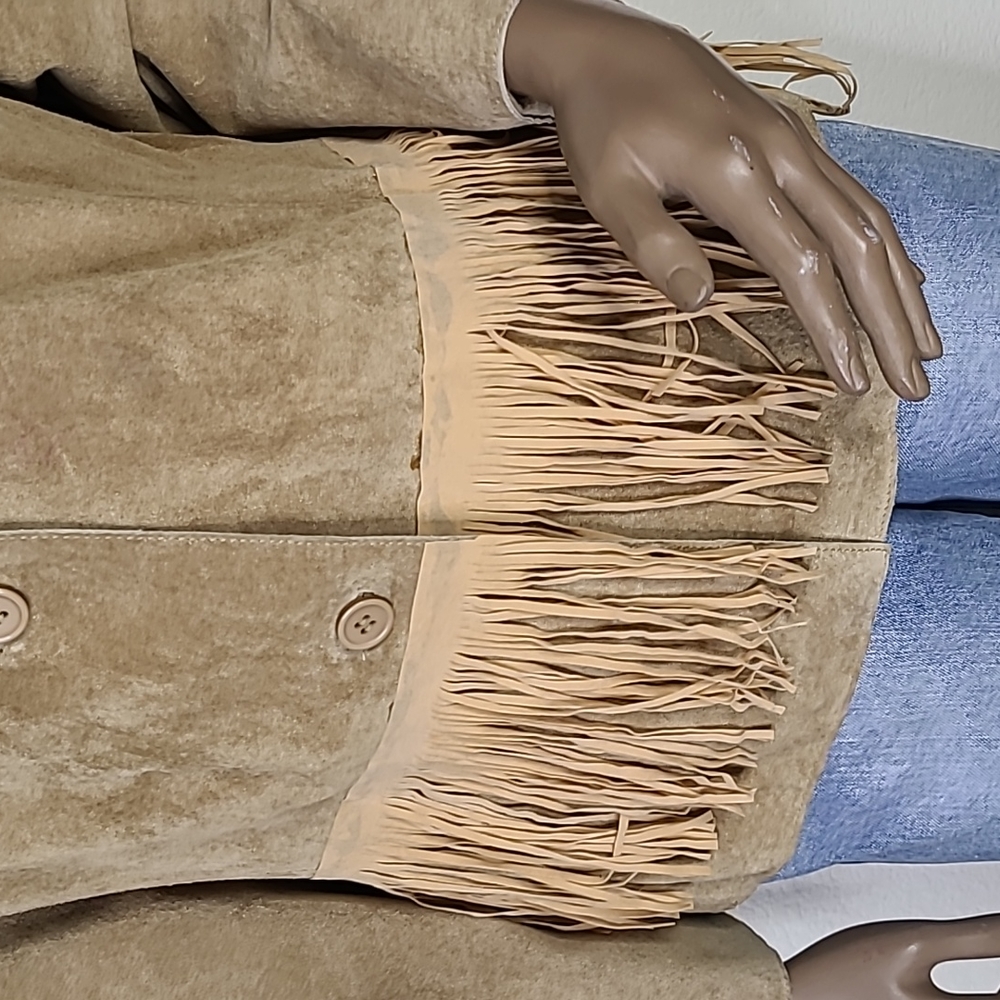 Western Jacket Blazer Size XL Tan Suede Leather Upcycled Fringe Cowgirl Trend - Picture 3 of 7